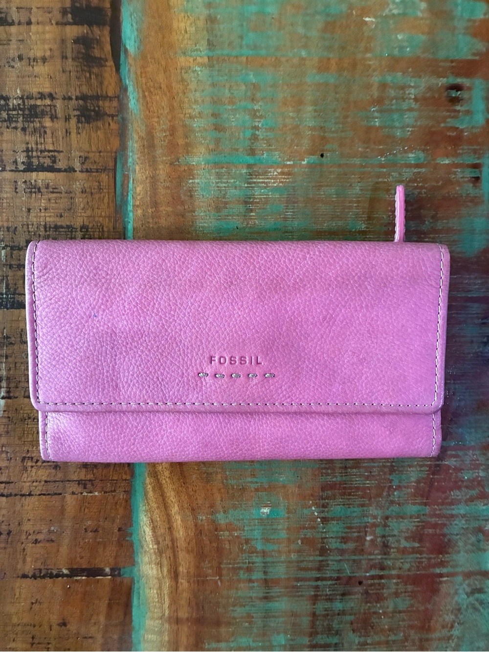 Vintage Fossil Pop Stitch Clutch Trifold Checkbook Wallet Pink